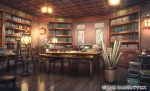  book bookshelf ceiling chair copyright_request desk fantasy hanging_scroll indoors lamp no_humans official_art reflection scenery scroll shiki_makoto stepladder table urn vase watermark wooden_floor 