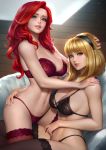  2girls absurdres blonde_hair bra breasts gwen_stacy highres lingerie marvel mary_jane_watson medium_breasts multiple_girls nudtawut_thongmai paid_reward panties patreon_reward red_hair spider-man_(series) underwear 