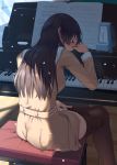  1girl ass bang_dream! belt black_eyes black_hair blush breasts brown_dress brown_legwear commentary_request dress feet_out_of_frame indoors instrument light long_hair long_sleeves masturbation medium_breasts metronome pantyhose pantyhose_pull petals piano pussy_juice satsuki_neko sheet_music shirokane_rinko sitting solo stool sweat wooden_floor 