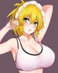 1girl :o armpits arms_up bangs bare_arms bare_shoulders blonde_hair blush breasts cleavage collarbone commentary_request elf etan14 eyebrows_visible_through_hair frills green_eyes head_tilt highres large_breasts looking_at_viewer maid_headdress open_mouth original pointy_ears ponytail purple_background short_hair simple_background solo sports_bra upper_body 