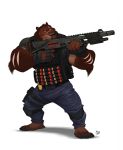  2019 anthro clothing digital_media_(artwork) fur furrybob gun holding_object holding_weapon male mammal ranged_weapon scar simple_background solo standing ursid weapon white_background 