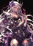  1girl armor armored_dress bangs bare_shoulders belt black_dress blush bow braid breasts cup dark_jeanne diadem dress drinking_glass flower granblue_fantasy hair_between_eyes hair_flower hair_ornament halterneck highres homaderi large_breasts long_hair looking_at_viewer open_mouth purple_bow purple_legwear red_eyes smile solo sparkle thighs twin_braids very_long_hair white_hair 