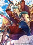  1boy armored_boots arrow axe blue_eyes blue_hair boots caspar_von_bergliez cloud fingerless_gloves fire_emblem fire_emblem:_three_houses fire_emblem_cipher gloves official_art sky solo teeth yoneko_okome 