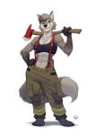  2019 abs anthro breasts canid canine clothing digital_media_(artwork) female fur furrybob hair mammal simple_background solo standing suspenders white_background 