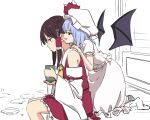  2girls ascot bare_shoulders bat_wings black_hair commentary_request cup detached_sleeves dress feet_out_of_frame from_side hair_tubes hakurei_reimu hat hat_ribbon holding holding_cup kneeling leon_(mikiri_hassha) long_sleeves miniskirt mob_cap multiple_girls no_shoes petticoat profile puffy_short_sleeves puffy_sleeves red_ribbon red_skirt remilia_scarlet ribbon short_sleeves sidelocks sitting skirt socks touhou translation_request white_background white_dress white_headwear white_legwear wide_sleeves wings yellow_neckwear 