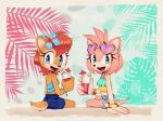  2019 accessory amy_rose anthro archie_comics beverage blue_eyes chipmunk clothing duo eulipotyphlan eyewear flower flower_in_hair green_eyes ground_squirrel hair hair_accessory hedgehog iku-t0 mammal open_mouth open_smile plant rodent sally_acorn sciurid sitting smile sonic_the_hedgehog_(archie) sonic_the_hedgehog_(comics) sonic_the_hedgehog_(series) sunglasses video_games 