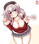  1girl alternate_costume artist_logo beret black_headwear blue_eyes breasts cake cleavage commentary_request cowboy_shot dated food fruit grey_skirt hat highres kanon_(kurogane_knights) kantai_collection kashima_(kantai_collection) large_breasts leaning_forward leaning_to_the_side looking_at_viewer plate pleated_skirt red_sweater sidelocks silver_hair simple_background skirt slice_of_cake smile solo strawberry strawberry_shortcake sweater twintails wavy_hair white_background 