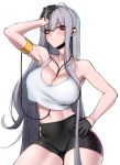  1girl ahoge bangs bare_shoulders between_breasts black_gloves black_shorts breasts cleavage crop_top earphones gloves hand_on_own_head j.k. large_breasts long_hair looking_at_viewer navel red_eyes selvaria_bles senjou_no_valkyria senjou_no_valkyria_1 shorts silver_hair sweatdrop tank_top thighs 