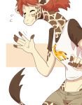  2019 5_fingers anthro bottomwear clothed clothing digital_media_(artwork) female fingers fur giraffe giraffid hair horn mammal red_hair shirt simple_background slightlysimian smile solo spots spotted_body spotted_fur tall topwear white_background 