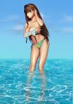  1girl absurdres aozaki_aoko bikini bikini_top_removed blue_eyes blue_sky breast_hold breasts brown_hair cleavage cloud cqqz0707 hair_between_eyes hand_in_hair highres long_hair looking_at_viewer mahou_tsukai_no_yoru medium_breasts navel reflection side-tie_bikini sky solo swimsuit thighs very_long_hair wading water wet 