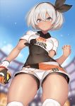  1girl 2d blurry blurry_background bodysuit bodysuit_under_clothes covered_navel dark_skin gloves grey_eyes grey_hair hairband pokemon pokemon_(game) pokemon_swsh saitou_(pokemon) shorts single_glove thighs toned 