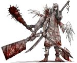  armor axe barefoot blood bloody_clothes bloody_weapon chain cleaver cloak club extra_arms eyepatch full_body holding holding_axe holding_knife kan_(aaaaari35) knife looking_at_viewer original solo spiked_club standing stitches sword weapon white_wings wings 