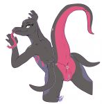  2019 anthro anus eyelashes female looking_at_viewer looking_back maynara nintendo nude pok&eacute;mon pok&eacute;mon_(species) presenting pussy raised_tail salazzle simple_background solo tongue tongue_out video_games white_background 