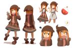  ! &gt;:) +_+ 1girl absurdres bangs bare_arms bare_shoulders beanie blush boots brown_footwear brown_gloves brown_headwear brown_shirt brown_skirt clenched_hands closed_mouth commentary_request cropped_legs cropped_torso double_w dress elbow_gloves eyebrows_visible_through_hair fang gloves grey_dress hair_between_eyes hands_up hat highres idaten93 long_hair long_sleeves multiple_views nina_alright orange_hair original parted_lips round-bottom_flask shadow shirt sidelocks simple_background skirt sleeveless sleeveless_dress smile spoken_exclamation_mark squiggle standing standing_on_one_leg suspender_skirt suspenders sweat v-shaped_eyebrows w wavy_mouth white_background 
