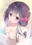  1girl ame_usari bangs bare_arms bare_shoulders bath bathtub black_hair blurry blurry_background blush bow breasts cleavage collarbone commentary_request depth_of_field eyebrows_visible_through_hair flying_sweatdrops hair_between_eyes hair_bow highres large_breasts long_hair looking_at_viewer naked_towel open_mouth original purple_eyes red_bow solo tile_wall tiles towel water 