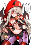  1boy bat_wings bra bulge fang grey_hair heart highres jack-o&#039;-lantern long_hair looking_at_viewer morino_bambi navel original otoko_no_ko panties red_bra red_eyes red_legwear red_panties simple_background smile solo thighhighs underwear very_long_hair white_background wings 