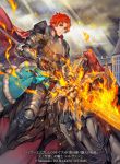  1boy armor armored_boots boots cape cloud fire fire_emblem fire_emblem:_three_houses fire_emblem_cipher fur_trim gloves horse horseback_riding itou_misei official_art polearm red_eyes red_hair riding sky solo spear sylvain_jose_gautier weapon 