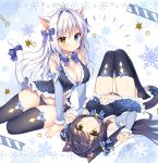  2girls aina_rive animal_ear_fluff animal_ears antenna_hair babydoll black_babydoll black_hair black_legwear black_panties blue_bow blue_eyes bow breasts brown_eyes cat_ears cat_girl cat_tail cleavage collaboration commentary_request frilled_panties frills hair_intakes heterochromia highres kutata large_breasts long_hair low_twintails lying mauve multiple_girls no_shoes on_back original panties silver_hair small_breasts snowflakes tail tail_bow thighhighs twintails underwear underwear_only very_long_hair 