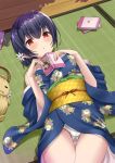  1girl ass_visible_through_thighs bangs barefoot black_hair blue_kimono blush book commentary_request eyebrows_visible_through_hair floral_print flower hair_flower hair_ornament highres holding holding_book idolmaster idolmaster_shiny_colors indoors japanese_clothes kimono kimono_pull looking_at_viewer lying morino_rinze obi on_back on_floor open_book panties pantyshot pantyshot_(lying) parted_lips print_skirt red_eyes sash sengoku_aky short_hair skirt solo tatami thigh_gap translation_request underwear white_flower white_panties 