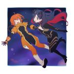  2girls 7dango7 ahoge bangs black_eyes black_hair blush bodysuit boots bow breasts captain_chaldea cleavage cleavage_cutout closed_eyes eyebrows_visible_through_hair fate/grand_order fate_(series) floating fujimaru_ritsuka_(female) full_body gloves hair_bow high_heels holding_hands horns looking_at_another medium_hair multicolored_hair multiple_girls open_mouth orange_gloves orange_hair outstretched_arm parted_bangs red_hair ribbed_bodysuit scrunchie side_ponytail skin_tight small_breasts smile space space_ishtar_(fate) spacesuit sparkle taut_clothes twintails two-tone_hair white_footwear 