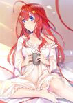  1girl absurdres ahoge barefoot blue_eyes breasts coffee coffee_mug commentary_request cup fingernails go-toubun_no_hanayome gu_li hair_ornament highres holding holding_cup large_breasts long_hair mug nail_polish nakano_itsuki nightgown open_mouth pillow pink_nails red_hair sitting solo star star_hair_ornament symbol_commentary 