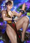  1girl absurdres bracelet breasts capcom china_dress chinese_clothes chun-li double_bun dress highres jewelry large_breasts muscle muscular_female nudtawut_thongmai paid_reward patreon_reward spiked_bracelet spikes street_fighter street_fighter_ii_(series) thick_thighs thighs 
