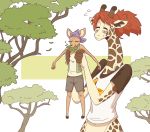  2019 5_fingers antelope anthro bandanna bottomwear bovid clothed clothing digital_media_(artwork) duo eating female fingers food fur gazelle giraffe giraffid hair herbivore horn mammal red_hair shirt shorts simple_background size_difference slightlysimian smile spots spotted_body spotted_fur spotted_skin topwear tree vest 