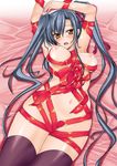  arms_up bdsm blue_hair bondage bound breasts kan'u kizaki_yuuri koihime_musou large_breasts long_hair lying naked_ribbon nipples orange_eyes ponytail ribbon ribbon_bondage side_ponytail solo thighhighs yellow_eyes 