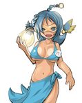 bikini blue_hair blue_sarong breasts gen_2_pokemon lanturn large_breasts masha moemon personification pokemon sarong simple_background solo swimsuit white_background 