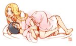  1girl artist_request assertive barefoot bleach blonde_hair breast_smother breasts girl_on_top large_breasts long_hair lowres matsumoto_rangiku robe smother yamada_hanatarou 