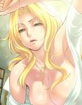  arm_up armpit_peek armpits bare_shoulders between_breasts bleach blonde_hair blue_eyes bookshelf breasts ceiling chain cleavage collared_shirt door downblouse from_below hairu half-closed_eyes indoors jewelry large_breasts lips long_hair looking_at_viewer matsumoto_rangiku mole mole_under_mouth necklace no_bra off_shoulder open_mouth parted_lips shirt sidelocks solo upper_body wavy_hair white_shirt 