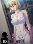  :d bangs blonde_hair blush bow bow_panties bra breasts circle_epion cleavage covered_nipples gundam gundam_seed gundam_seed_destiny indoors large_breasts leaf lingerie looking_at_viewer military military_uniform naughty_face navel night night_sky off_shoulder open_clothes open_mouth open_shirt panties pink_eyes shirt short_hair silhouette sky smile solo standing stellar_loussier thigh_gap underwear underwear_only undressing uniform white_bra white_panties wide_hips window 