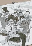  1girl 6+boys \m/ ace_combat ace_combat_7 artist_request black_hair bottle cellphone chair closed_eyes count_(ace_combat_7) dark_skin david_north drink everyone glass glasses hat highres holding huxian jaeger_(ace_combat) lanza_(ace_combat) long_hair looking_at_viewer monochrome multiple_boys necktie open_mouth patch phone pilot plate ponytail sitting skald_(ace_combat) smartphone smile symbol table thumbs_up top_hat waving 