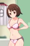  1girl bangs bare_arms bare_shoulders blurry blurry_background blush bra breasts brown_eyes brown_hair cleavage closed_mouth collarbone cowboy_shot depth_of_field dressing_room eyebrows_visible_through_hair indoors jersey looking_away looking_down medium_breasts navel panties pink_bra pink_panties pokemon pokemon_(game) pokemon_swsh radio_(mei99) short_hair solo stomach underwear underwear_only yuuri_(pokemon) 