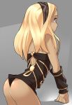  1girl arm_support ass black_scarf blonde_hair breasts cowboy_shot dark_skin english_commentary forehead from_behind gravity_daze grey_background hairband kitten_(gravity_daze) leotard long_hair looking_to_the_side medium_breasts nickleflick scarf sidelocks simple_background solo strapless vambraces 
