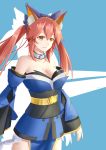  1girl absurdres animal_ear_fluff animal_ears bare_shoulders blue_background breasts choker cleavage cowboy_shot detached_sleeves er_ci_gudu fate/grand_order fate_(series) fox_ears hair_between_eyes highres medium_breasts obi purple_ribbon ribbon sash sleeves_past_wrists solo tamamo_(fate)_(all) tamamo_no_mae_(fate) thighs twintails wide_sleeves yellow_eyes 