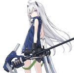  1girl ahoge bangs blue_jacket eyebrows_visible_through_hair from_behind gauntlets headgear holding holding_weapon jacket long_hair looking_at_viewer looking_back original poco_(asahi_age) purple_eyes shorts silver_hair sleeveless solo standing weapon white_background 