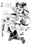  +_+ 2girls aori_(splatoon) arm_up chinese_commentary cousins cross-laced_footwear dress earrings eighth_note eyebrows_visible_through_hair fangs floating greyscale highres holding holding_microphone hotaru_(splatoon) jacket jewelry leg_up legs_up long_hair long_sleeves looking_at_viewer madaga_(animaofmoon) microphone monochrome multiple_girls music musical_note open_clothes open_jacket open_mouth pantyhose pointy_ears sharp_teeth shirt shoes short_dress short_hair short_shorts shorts signature singing sleeves_rolled_up smile sneakers splatoon_(series) teeth tentacle_hair twitter_username very_long_hair zipper 