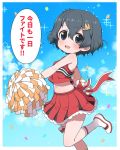  1girl alternate_costume back_bow bare_shoulders black_hair blue_eyes blush bow cheerleader commentary_request crop_top eyebrows_visible_through_hair flats frilled_skirt frills hair_ornament hairclip kaban_(kemono_friends) kemono_friends looking_at_viewer midair midriff navel no_hat no_headwear pleated_skirt pom_poms ransusan red_shirt red_skirt shirt short_hair skirt sky sleeveless socks solo sparkle thigh_bow thigh_strap translation_request white_legwear 