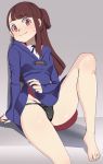  1girl arm_support armad barefoot black_panties blush breasts brown_hair closed_mouth dress dress_lift eyebrows_visible_through_hair feet grey_background groin kagari_atsuko lifted_by_self little_witch_academia long_hair looking_at_viewer luna_nova_school_uniform panties red_eyes school_uniform shadow shiny shiny_skin simple_background small_breasts smile solo sweat toes underwear witch 