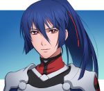  1boy absurdres blue_background blue_hair closed_mouth hair_between_eyes hair_ribbon high_ponytail highres long_hair looking_at_viewer macross macross_frontier mosako red_eyes red_ribbon ribbon saotome_alto solo white_background 