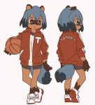  anthro ball basketball_(ball) bottomwear brand_new_animal brown_body brown_fur canid canine clothed clothing female fur grey_eyes grey_hair hair holding_ball holding_object jacket kemono looking_aside mammal michiru_kagemori raccoon_dog s1120411 shirt shorts simple_background smile sneakers solo studio_trigger tanuki topwear varsity_jacket white_background 