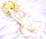  1girl animal_ear_fluff animal_ears animal_print aoi_(kiyokiyoaomushi) ayase_eli bed_sheet bell bell_collar blonde_hair blue_eyes blue_nails blush bra breasts cat_ears cat_lingerie cat_panties cat_print cinderella_bust cleavage cleavage_cutout collar fingerless_gloves from_above gloves groin hair_between_eyes hand_on_lap highres lingerie long_hair love_live! love_live!_school_idol_project lying medium_breasts meme_attire nail_polish navel on_back open_mouth panties print_panties shiny shiny_hair side-tie_panties solo thighhighs underwear underwear_only white_bra white_gloves white_legwear white_panties 