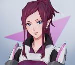  1girl absurdres bangs blue_eyes earrings grey_background high_ponytail highres jewelry long_hair looking_at_viewer macross macross_delta mirage_farina_jenius mosako parted_bangs parted_lips pilot_suit portrait red_hair solo 