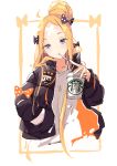  1girl abigail_williams_(fate/grand_order) bandaid_on_forehead bangs black_bow black_jacket blonde_hair blue_eyes blush bow breasts crossed_bandaids cup drinking_straw fate/grand_order fate_(series) forehead hair_bow hair_bun heroic_spirit_traveling_outfit highres jacket long_hair long_sleeves looking_at_viewer miaohik multiple_bows open_clothes open_jacket orange_bow parted_bangs polka_dot polka_dot_bow shirt small_breasts solo white_background white_shirt 