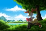  2015 ambiguous_gender anthro blue_sky book braixen canid canine cloud detailed_background digital_media_(artwork) dipstick_tail eyes_closed holding_book holding_object inner_ear_fluff mammal multicolored_tail nature nintendo outside pok&eacute;mon pok&eacute;mon_(species) sky solo tree tuft video_games water winick-lim 