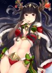  1girl antlers bangs bare_legs bell bikini black_eyes black_hair blunt_bangs bow breasts bridal_gauntlets cape christmas_ornaments circlet cleavage closed_mouth commentary_request detached_sleeves fire_emblem fire_emblem_awakening fire_emblem_heroes fur-trimmed_bikini fur-trimmed_cape fur_trim hand_on_own_chin haru_(nakajou-28) highres jingle_bell long_hair midriff nail_polish navel night night_sky red_cape reindeer_antlers reindeer_hair_ornament sky smile solo star_(sky) starry_sky striped striped_bow swimsuit tharja tiara two_side_up 
