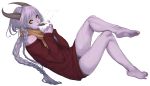  absurd_res barefoot braided_hair clothing cup demon drinking female feversea hair hi_res horn horned_humanoid humanoid long_hair not_furry shyvana silver_hair simple_background sitting smile solo sweater topwear white_background yellow_eyes 