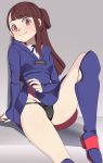  1girl arm_support armad black_legwear black_panties blush boots breasts brown_hair closed_mouth dress dress_lift eyebrows_visible_through_hair grey_background groin kagari_atsuko knee_boots kneehighs lifted_by_self little_witch_academia long_hair looking_at_viewer luna_nova_school_uniform panties red_eyes school_uniform shadow shiny shiny_skin simple_background small_breasts smile solo sweat underwear witch 