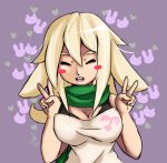  &lt;3 blonde_hair blush breasts buckteeth cleavage clothed clothing eyes_closed female gesture hair humanoid hun-ni lagomorph leporid mammal newgrounds pico_sim_date rabbit ricekappa scarf solo teeth v_sign 